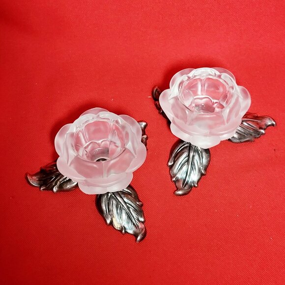 Vintage Pair PM Italy Frosted Glass Rose Silver Plate Leaves Candle Holder - Picture 13 of 13